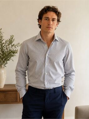 Eton Shirt Mens 18.5/47 Blue White Geometric Classic Fit Cotton L/S Dress Shirt